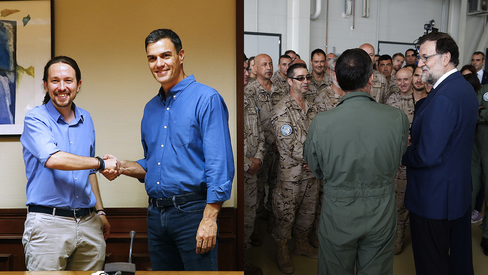 A la izquierda, Sánchez e Iglesias. A la derecha, Rajoy pasando revista a las tropas en Estonia.