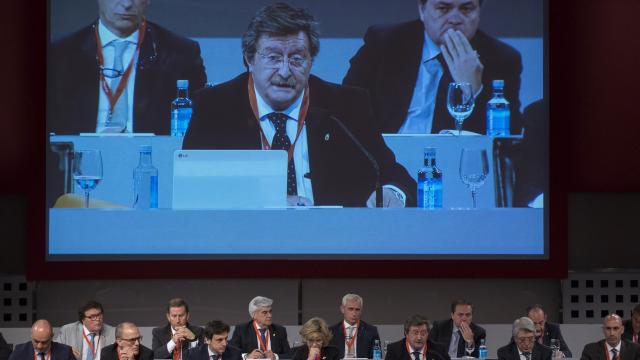 Juan Luis Larrea, nuevo presidente de la Real Federación Española de Fútbol (RFEF), durante su intervención en la asamblea de la RFEF.