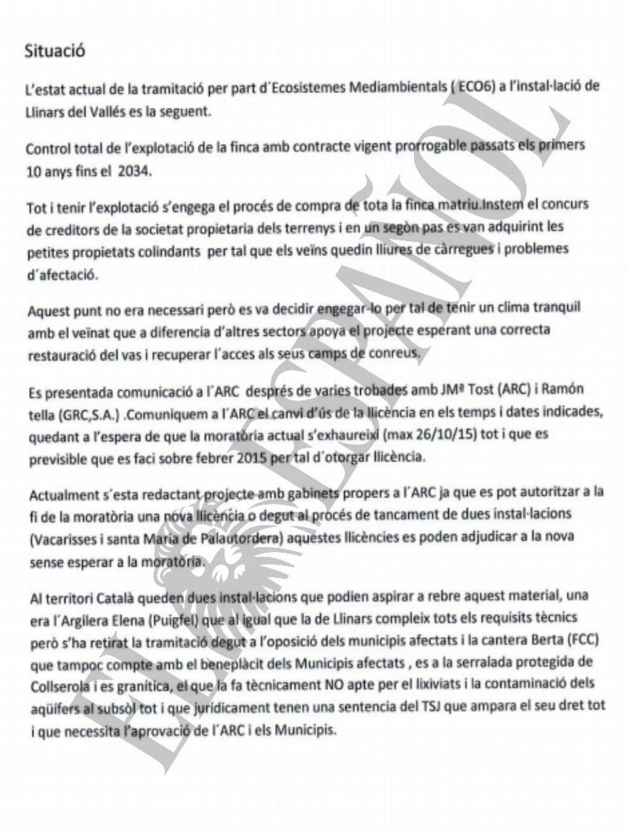 DOCUMENTO Nº 39. Documento trasladado a la cúpula de la empresa pública Infraestructures sobre la concesión de una licencia para un vertedero.