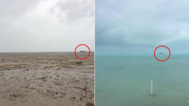 El mismo puerto de Bahamas con horas de diferencia y un islote de referencia.