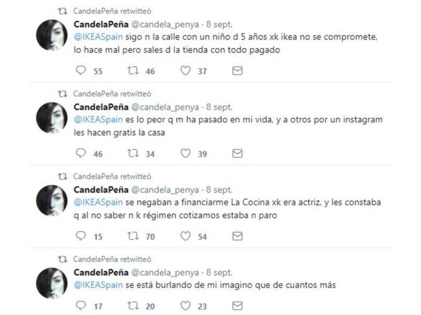 Capturas de los tuits de la actriz a Ikea.