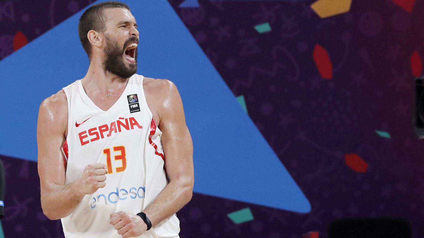 Marc Gasol celebrando una canasta contra Rusia.