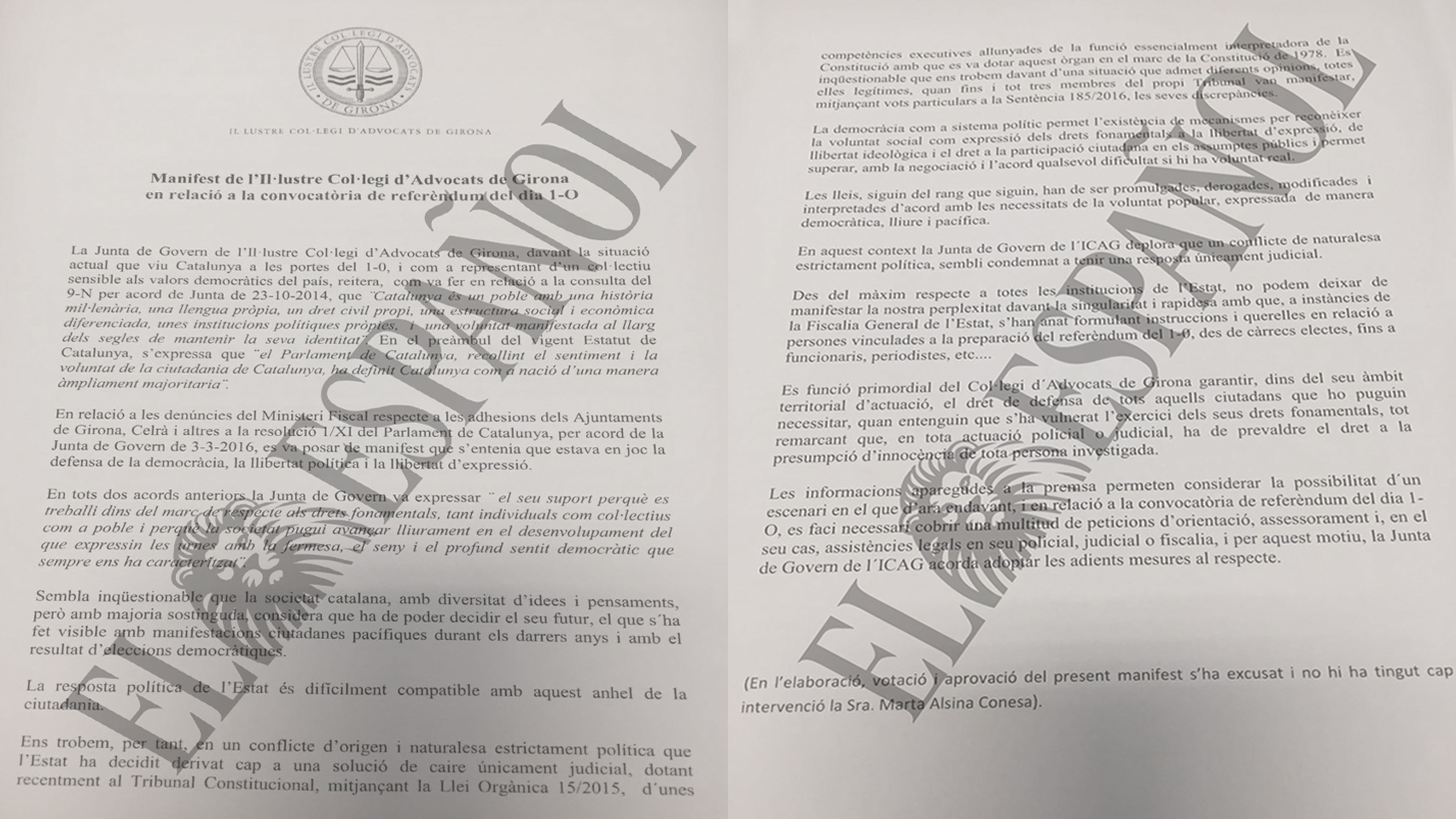 Documento del Ilustre Colegio de Abogados de Girona al que ha tenido acceso el El Español.
