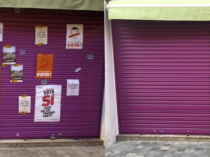 Comercio de los padres de Rivera antes y después de retirar los carteles pegados por independentistas