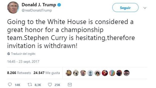 El tuit en el que Donald Trump retira la invitación a la Casa Blanca a Stephen Curry.