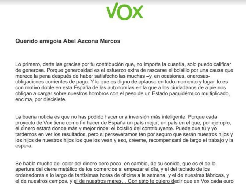Carta de bienvenida de VOX a Abel Azcona.