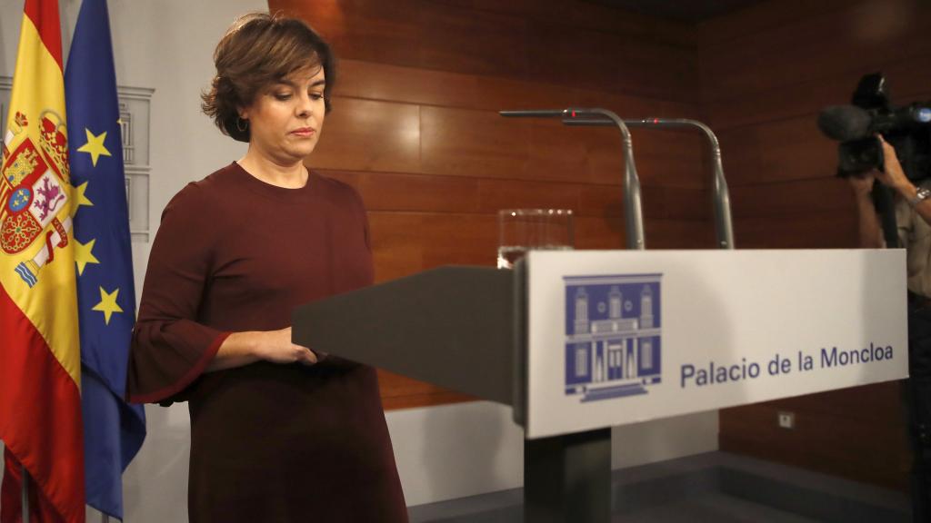 La vicepresidenta del Gobierno, Soraya Sáenz de Santamaría, este martes en Moncloa.