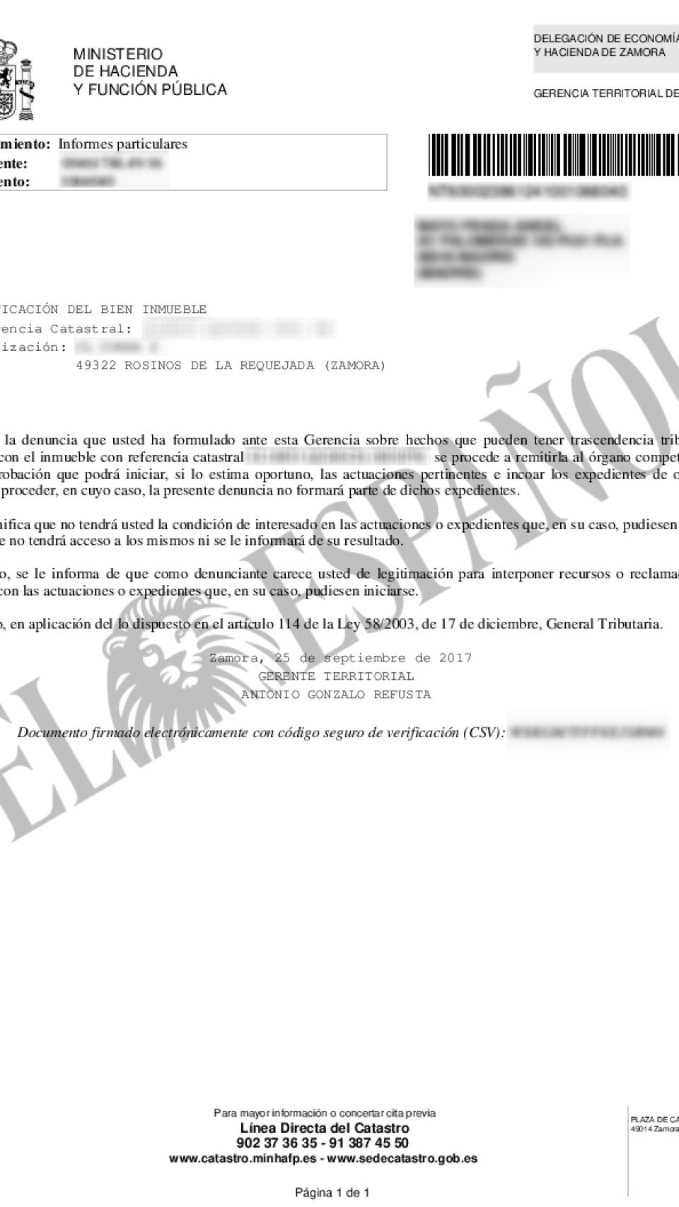 Documento del Ministerio de Hacienda en el que se informa de la investigación.