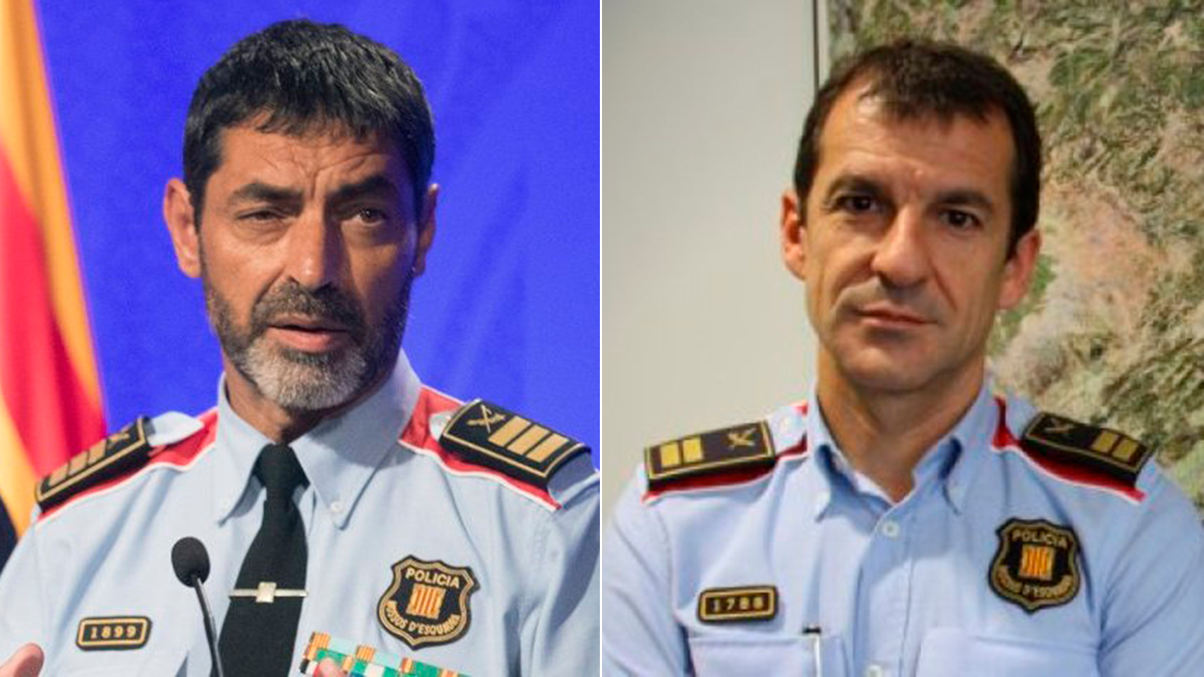 Josep Lluís Trapero (izquierda) y el nuevo jefe de los Mossos, Ferran López.