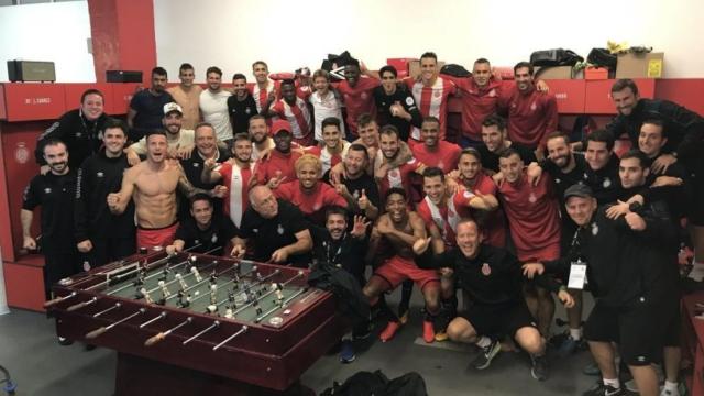 Vestuario del Girona celebra la victoria. Foto: Twitter (@Bernardo:EZ).