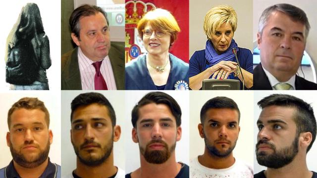 Arriba: silueta de C.; los magistrados José Francisco Cobo y Raquel Fernandino; la fiscal Elena Sarasate; y el abogado  Agustín Martínez. abajo, de izquierda a derecha: José Ángel Prenda, Alfonso Jesús Cabezuelo, Jesús Escudero, Ángel Boza y  Antonio Manuel Guerrero.