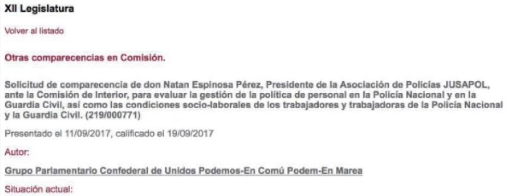 La invitación de Unidos Podemos recogida en la web de Congreso.