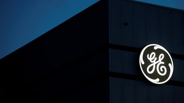 FILE PHOTO - The General Electric logo is pictured on the General Electric offshore wind turbine plant in Montoir-de-Bretagne