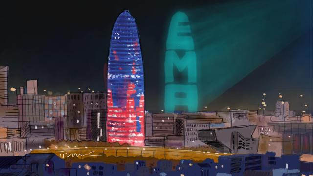 Las siglas de la Agencia Europea del Medicamento proyectadas como holograma.