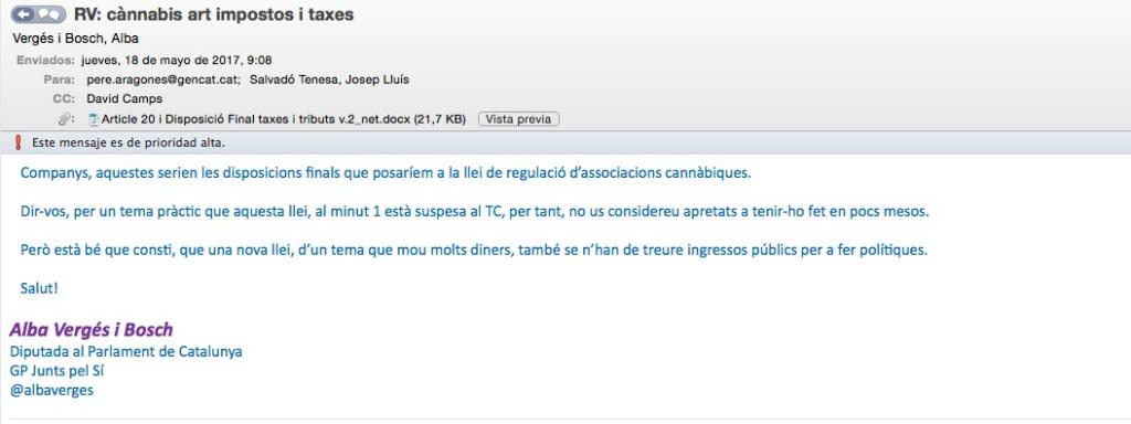 Un correo electrónico de la diputada Alba Vergés sobre el cannabis.