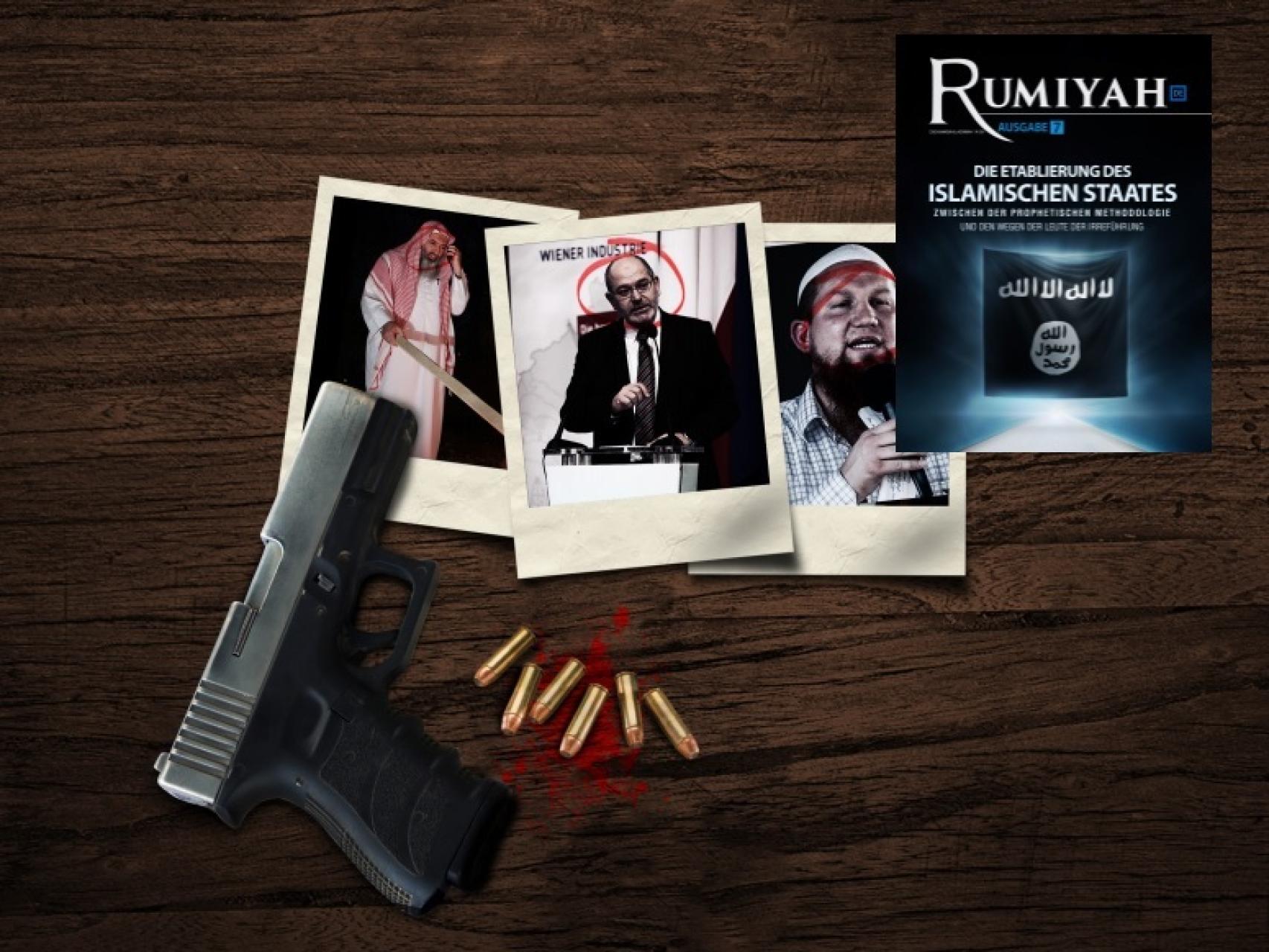 Imagen de la revista de Daesh en la que se amenaza al imán detenido en España y centro de la investigación.