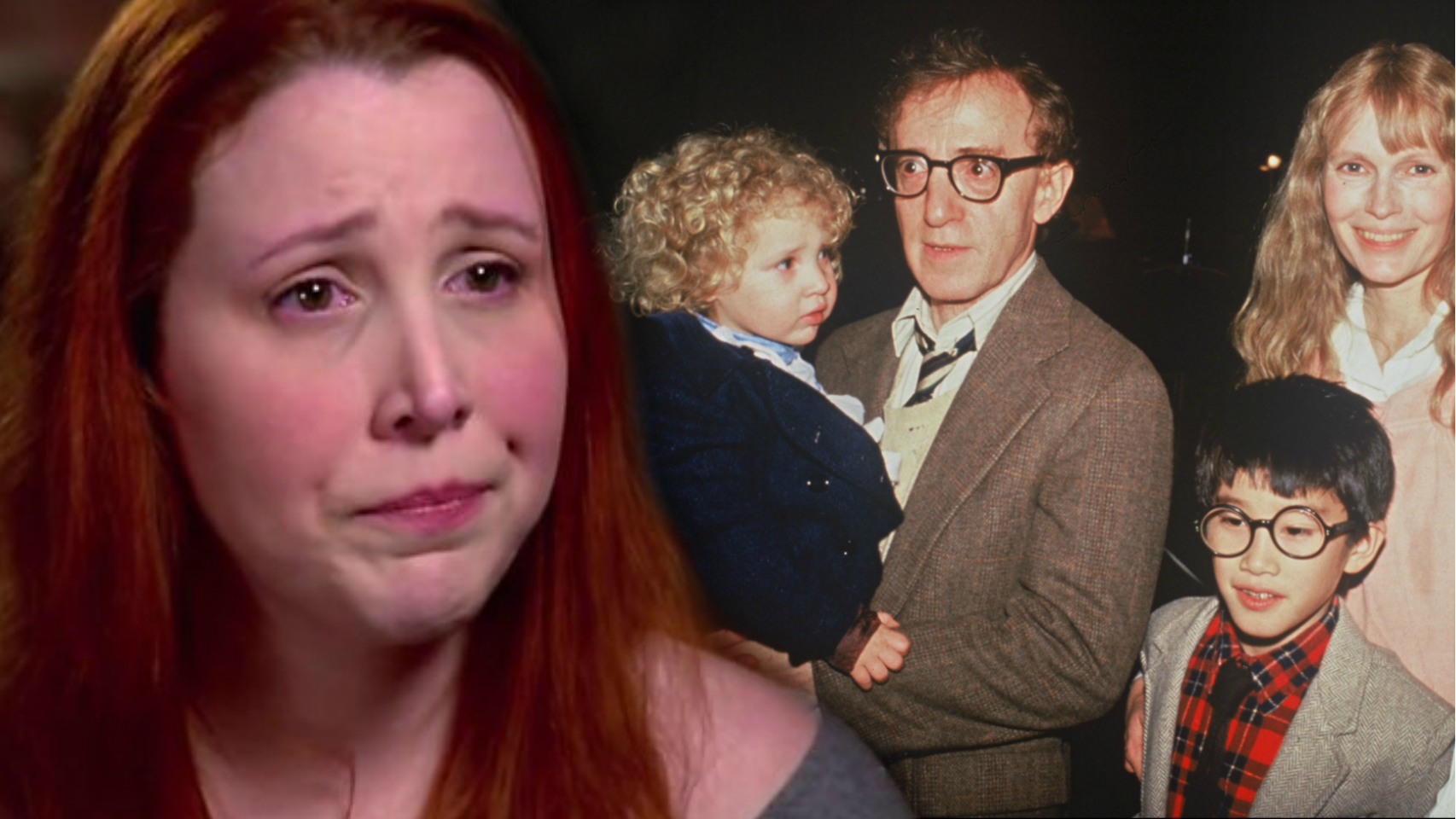 Dylan Farrow en la actualidad y en una foto antigua en brazos de Woody Allen.