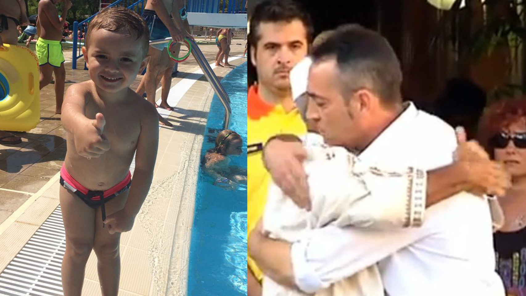 A la izquierda Xavi, de 3 años, días antes de morir en el atentado. A la derecha su padre abraza al Imán de Rubí