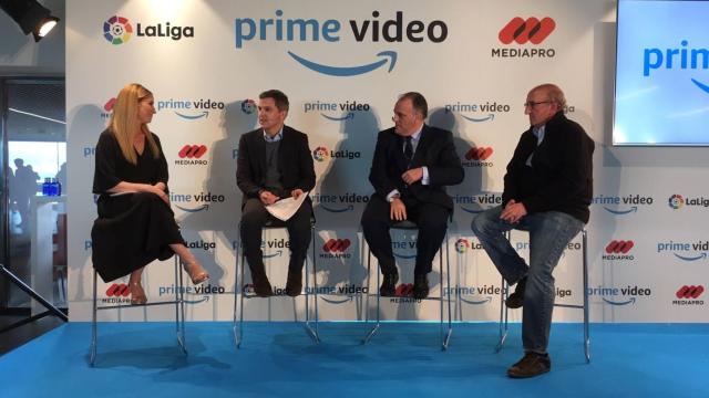 Christoph Schneider (Amazon), Javier Tebas (La Liga) y Jaume Roures (Mediapro) durante la presentación de 'Six dreams'