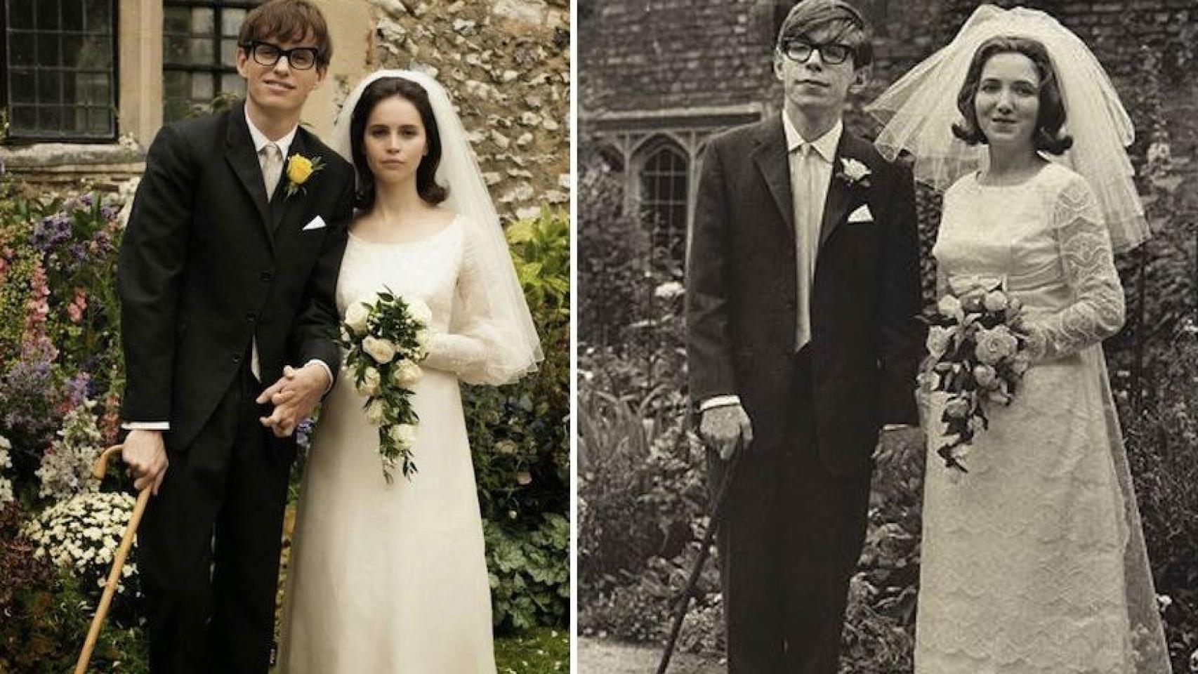 La boda de Stephen Hawking con Jane Wilde, en el que el físico tuvo que sostenerse con un bastón dados los primeros síntomas de su enfermedad. La escena se recreó en la película 'La teoría del Todo'.