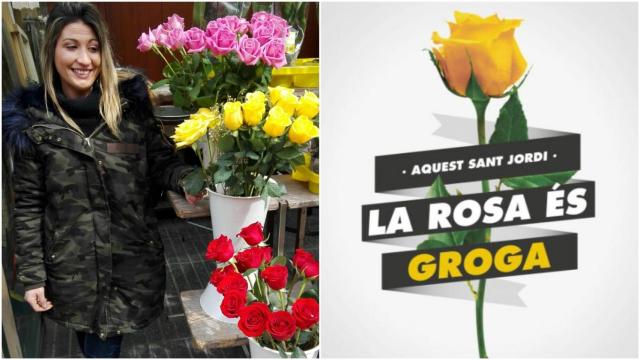 A la izquierda, una florista de La Rambla muestra sus rosas. A la derecha, el polémico cartel de Òmnium.