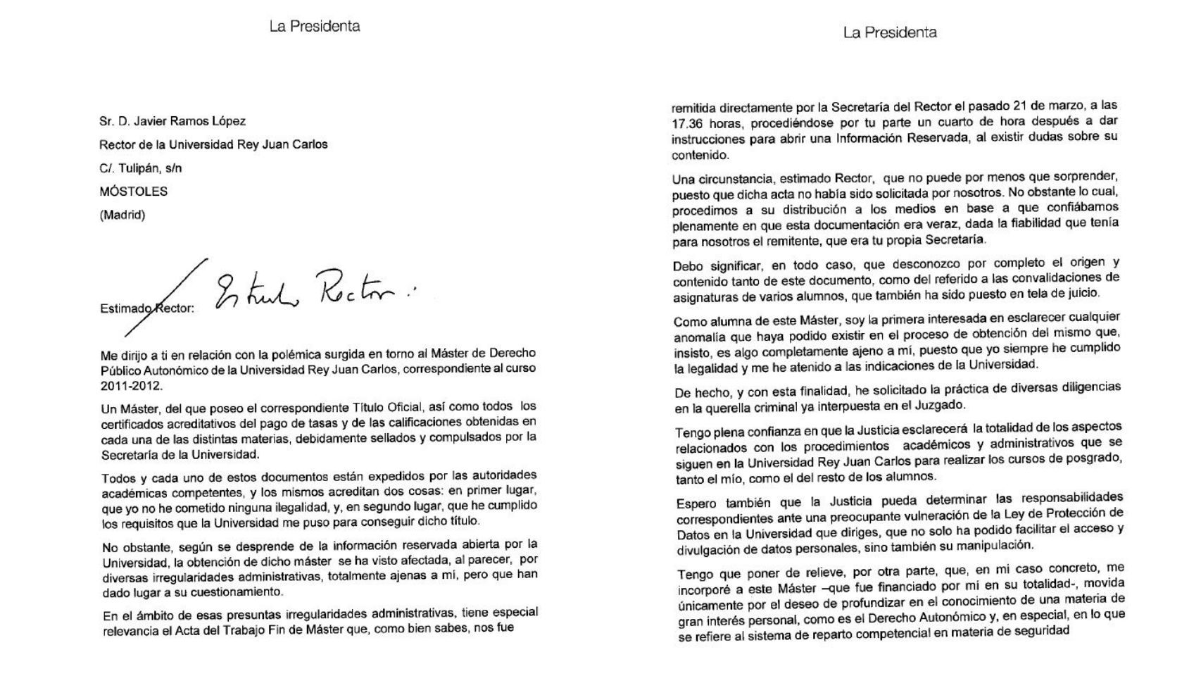 La primera parte de la carta de Cristina Cifuentes.