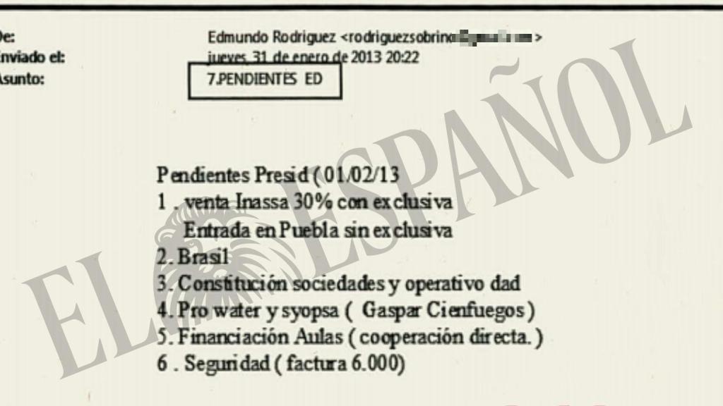 Correo electrónico de Edmundo Rodríguez Sobrino con las gestiones que tiene que hacer para Ignacio González.