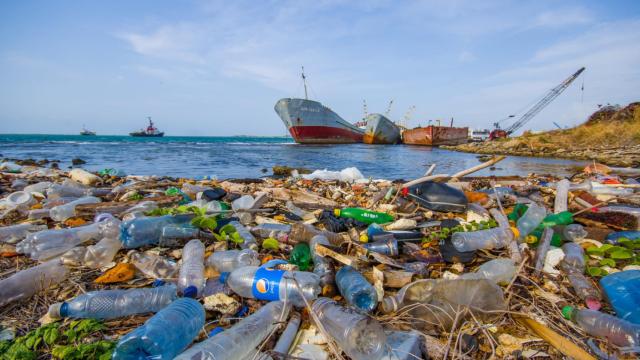 Una montaña de basura con cientos de desechos de plásticos en la playa.