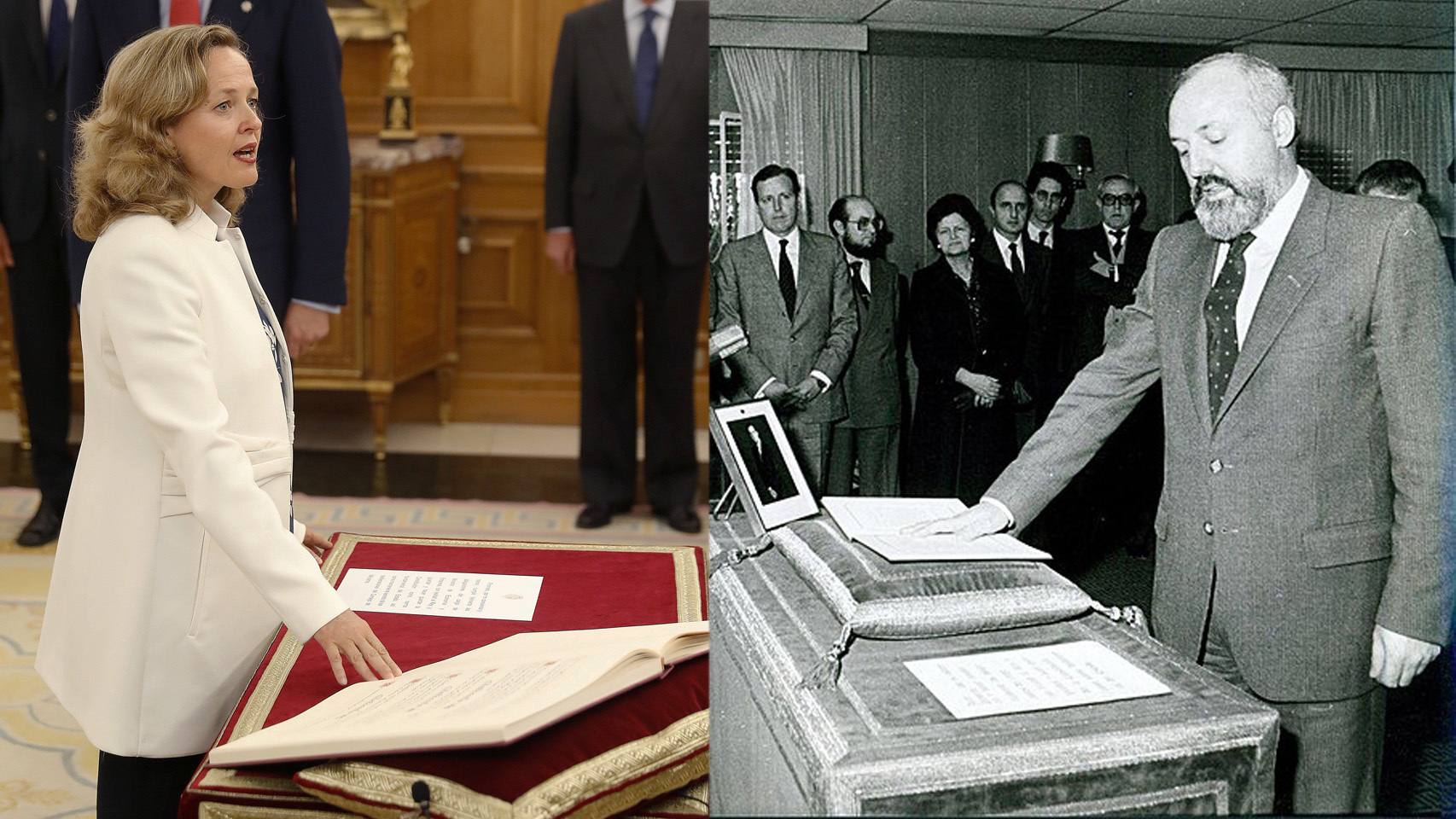 El juramento de los Calviño: a la izda, Nadia como ministra; a la dcha, José María como director de TVE.