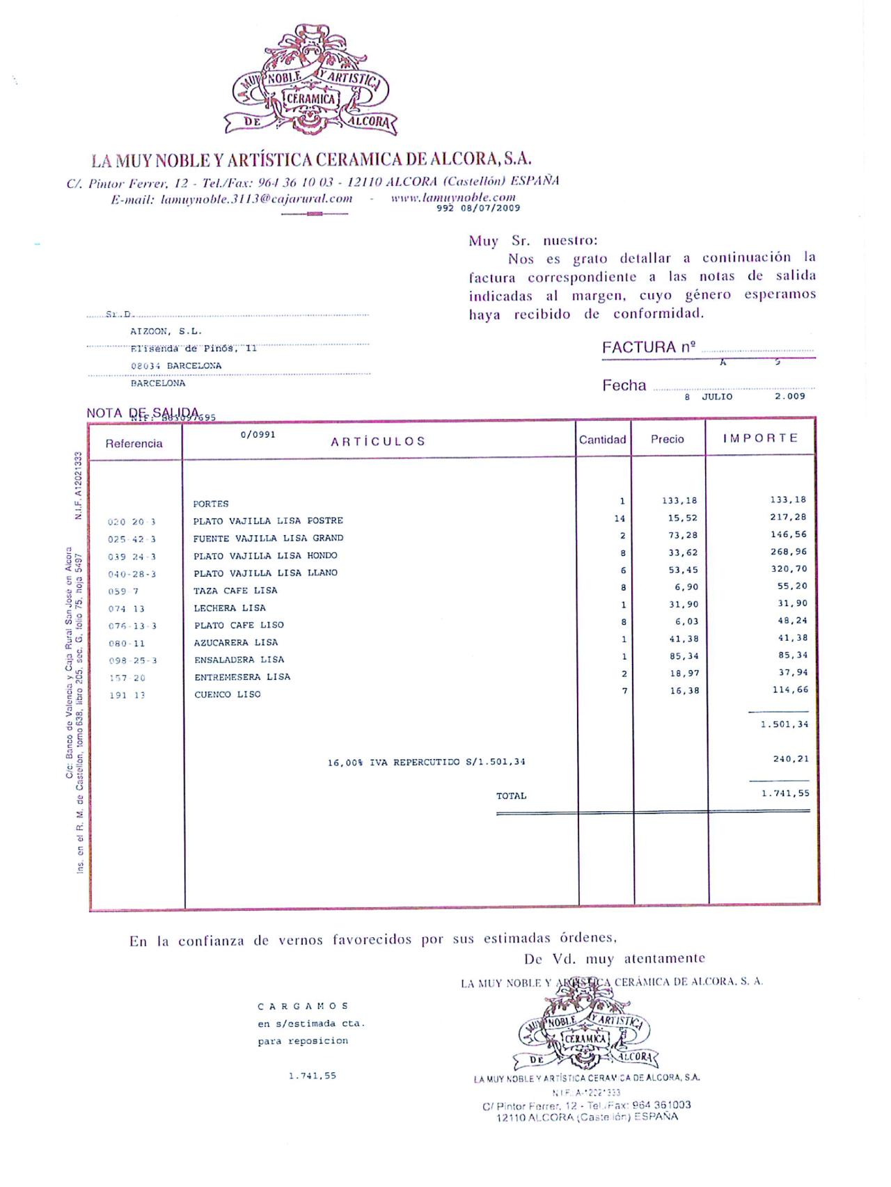 Factura de compra de una vajilla de porcelana girada a Aizoon.