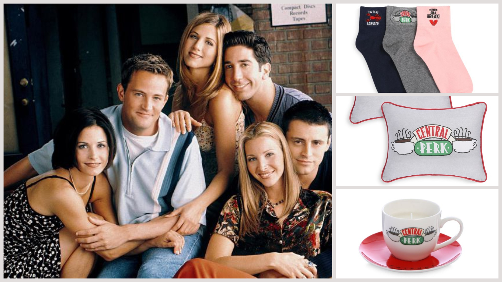Los productos de 'Friends' junto a los personajes en un montaje.