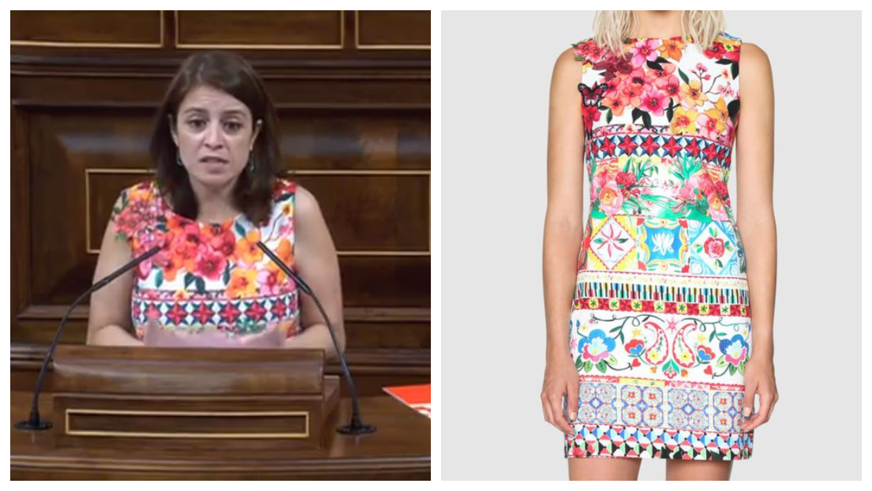 Lastra Fernández junto al vestido de Desigual en un montaje.