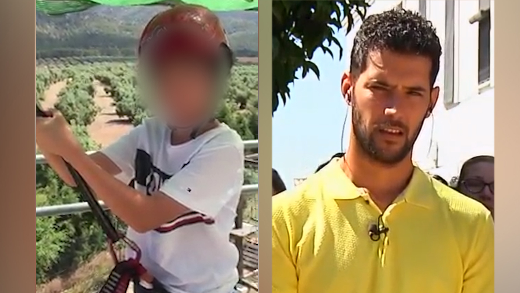 El niño antes de lanzarse en la tirolina y el organizador del campamento.