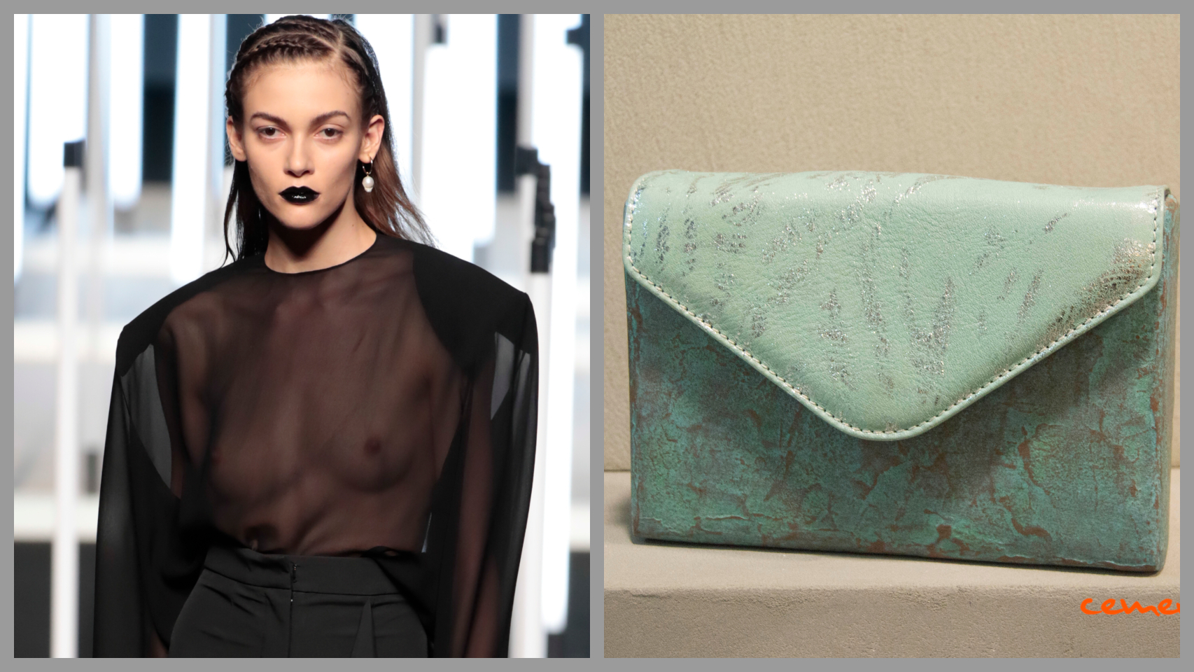 Una modelo de Juan Oliva y un bolso de Lauwood en un montaje.