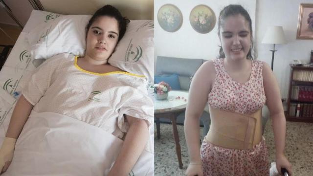 A la izquierda, Alba, en una imagen tomada en mayo de este año por el fotógrado Marcos Moreno, y en otra hecha por su madre este pasado miércoles. En la de la derecha se le ve caminando con la ayuda de un andador, algo inimaginable hace mes y medio, cuando estaba encamada en un hospital.