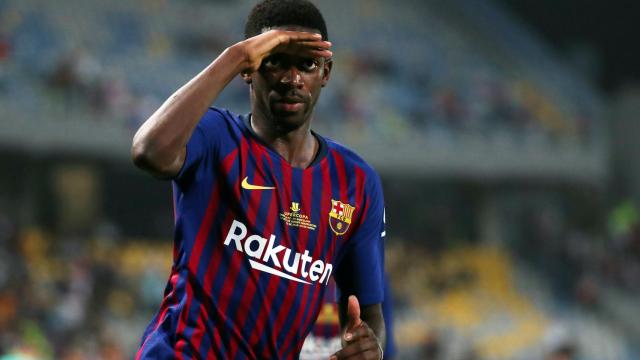 Dembélé celebra el gol de la victoria del Barcelona en la Supercopa de España
