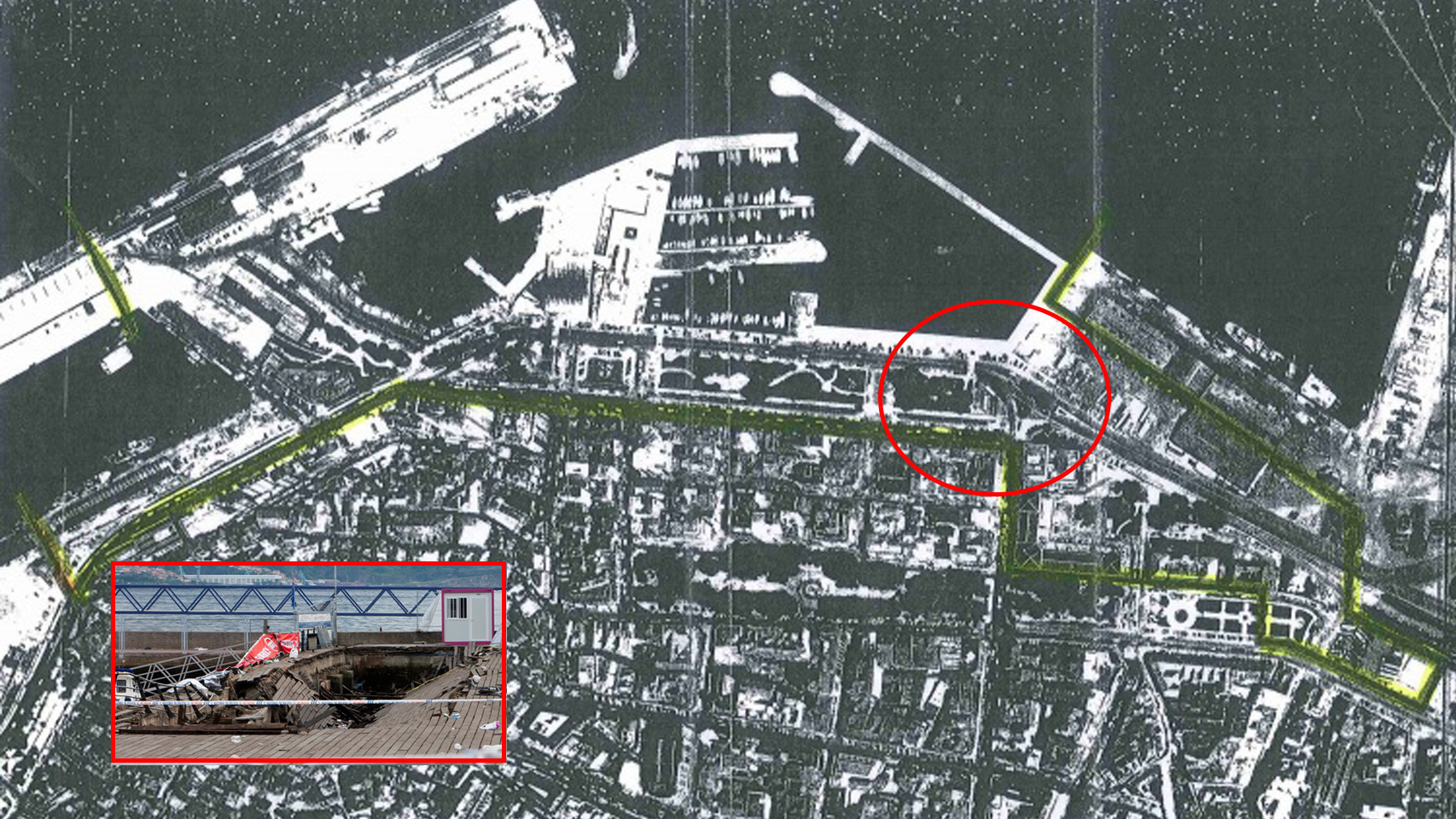 Imagen del proyecto inicial. Dentro del contorno amarillo, la zona que se planeó construir. Rodeada en rojo, la zona que se derrumbó.