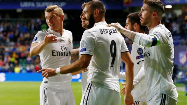 Benzema celebra su gol al Atlético de Madrid en la Supercopa de Europa