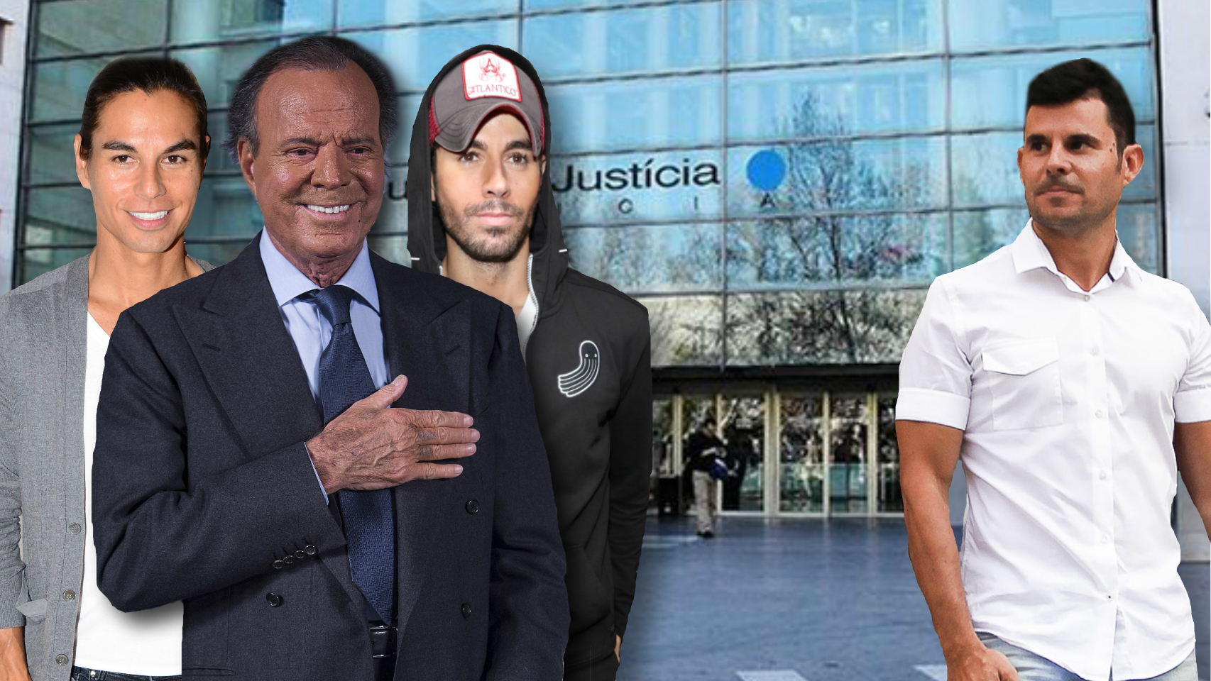 Julio José Jr., Julio Iglesias, Enrique y Javier Sánchez frente al Juzgado de Valencia en un fotomontaje de Jaleos.