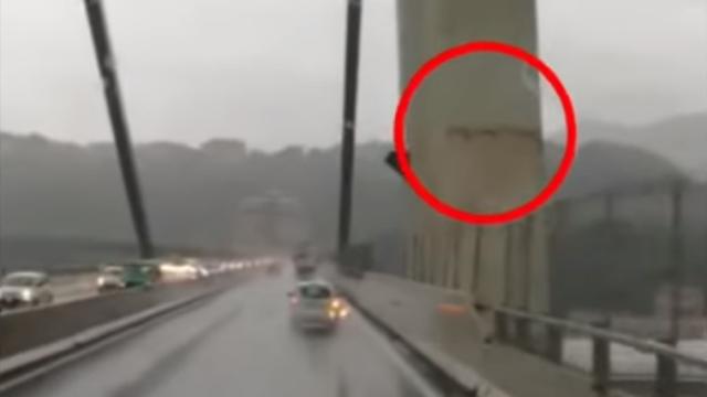 Una gran grieta se abre en una de las columnas del puente Morandi antes de venirse abajo.