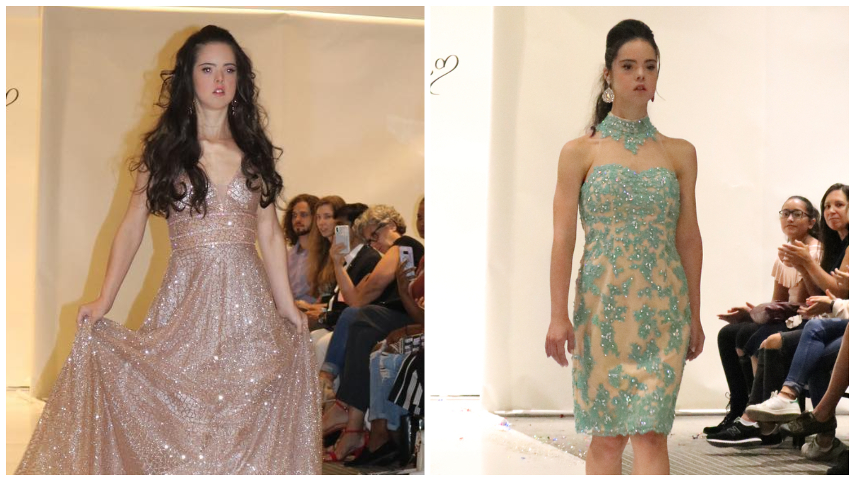 Marián Ávila, la modelo con Síndrome de Down durante su desfile en un montaje con imágenes de redes sociales.