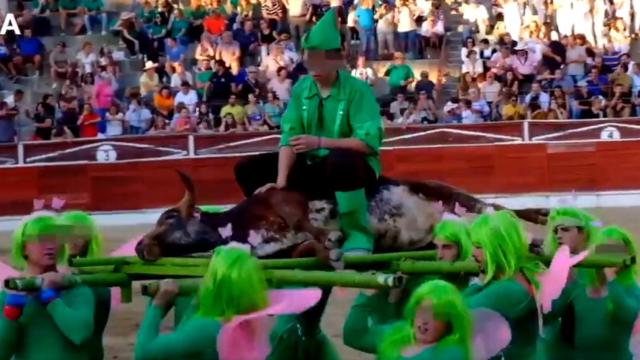 Jóvenes disfrazados de hadas y duendes transportan al novillo moribundo.