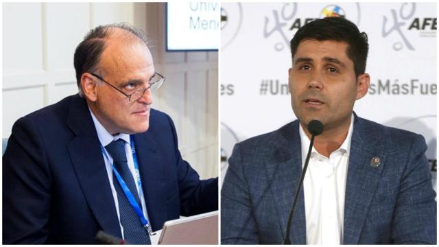 Javier Tebas, presidente de LaLiga, y David Aganzo, presidente de la AFE
