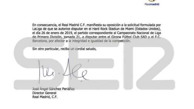 La carta del Madrid que desmonta los argumentos de Tebas para jugar en Miami