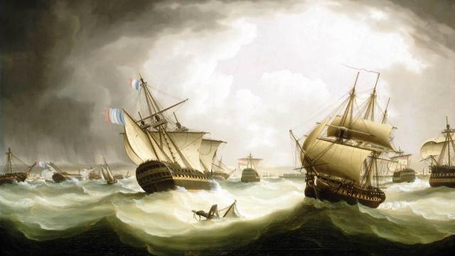 Pintura del inglés Thomas Buttersworth sobre la batalla de Trafalgar