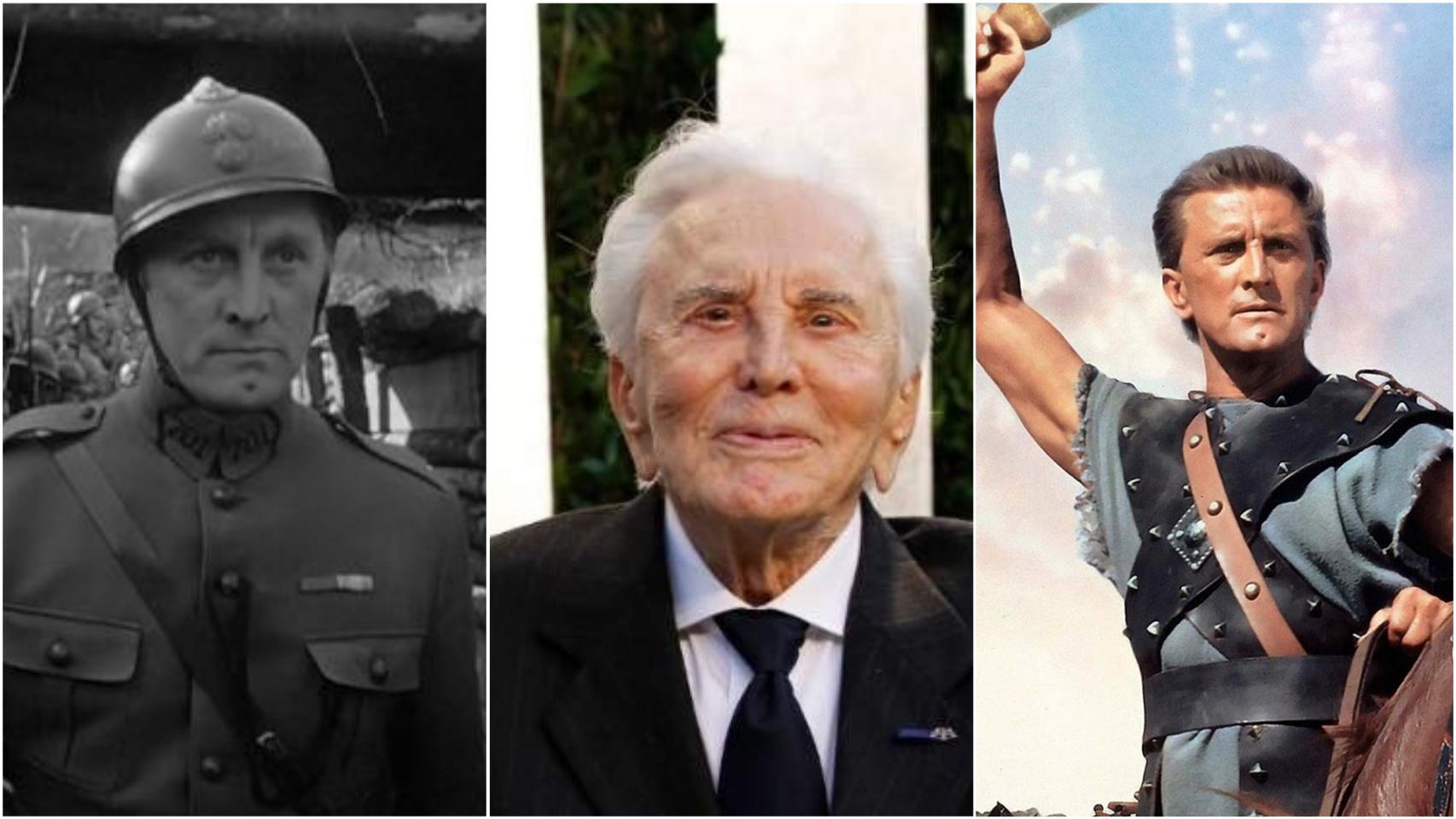 Kirk Douglas en 'Senderos de gloria', en una foto actual y en 'Espartaco'.