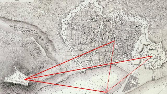 Las triangulaciones de Méchain desde Montjuic, la Ciutadella, el Faro y el campanario de la catedral. (original: http://astrogea.org)