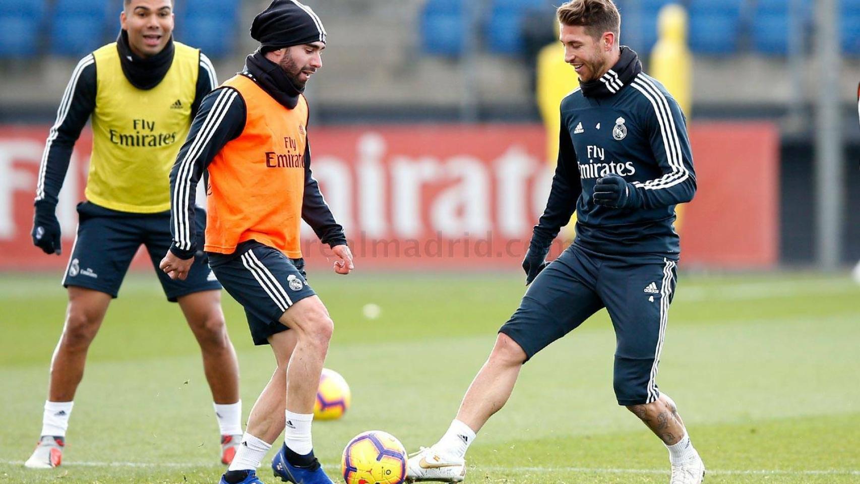 Carvajal, Ramos y Casemiro durante el entrenamiento
