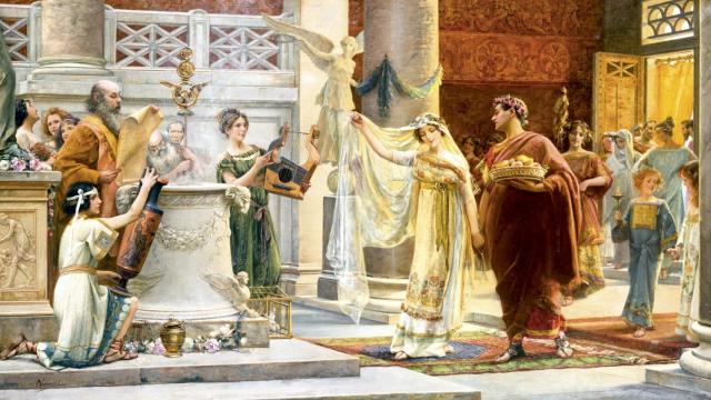 Lienzo de Emilio Vasarri que muestra un enlace matrimonial en la Antigua Roma.