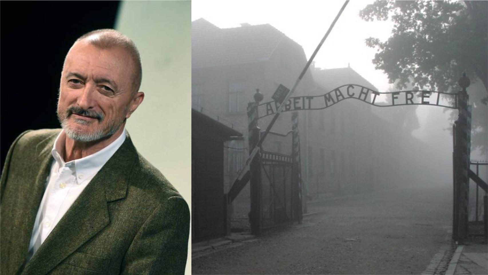 Pérez-Reverte y la entrada al campo de concentración de Auschwitz.